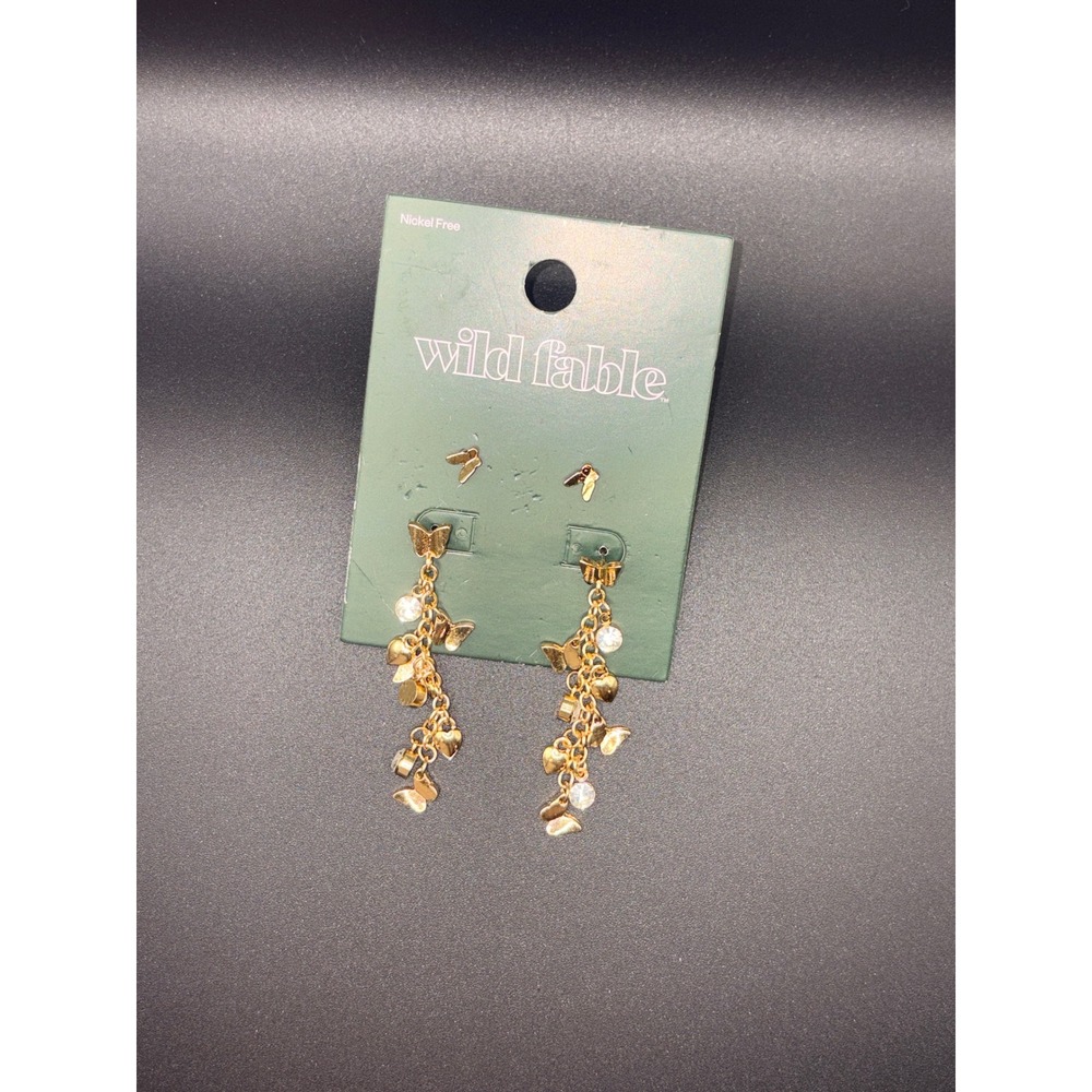 Wild Fable Gold Butterfly Duo Earring Set‎ Rhinestone Dangle Chandelier Studs
